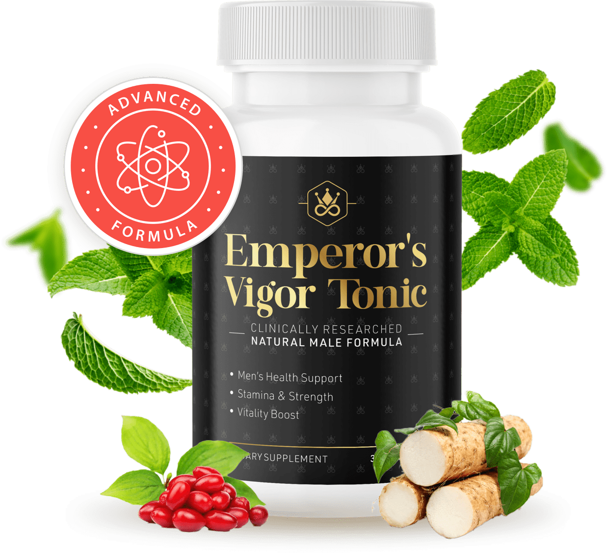 Emperor's Vigor Tonic single bottle with ingredients